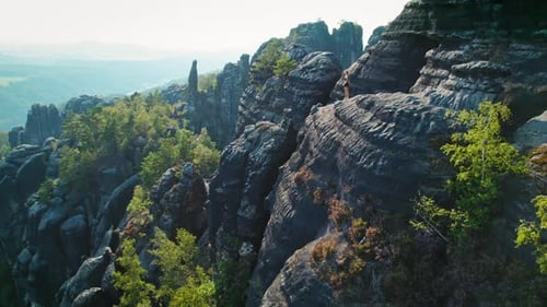 Woman hiking on a rocky viewpoint in Schrammsteine Elbe Sandstone Mountains surrounded by green fore
