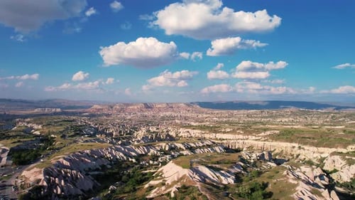 Turkey, Cappadocia Aerial View With Clouds And Hills. Drone Flies Over Goreme In Turkey