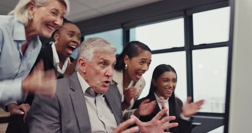 Celebration, applause and business people with success on a computer or corporate achievement