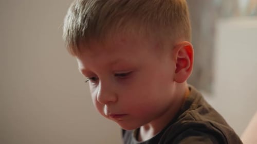 Close Up of Little Boy Eating Berry and Picking From Bunch Indoors Quietly