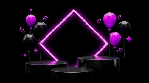 Glowing Neon Diamond with Pedestals and Celebration Balloons