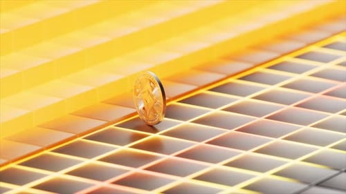 Rotating Cryptocurrency Coin on Luminous Digital Grid