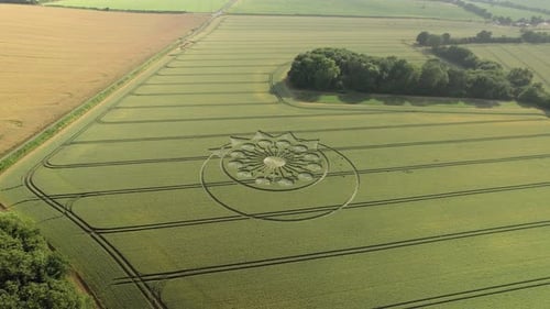 Aerial View Over Beautiful Crop Circle In The Countryside Of Owslebury In England - Drone Shot