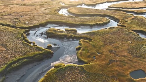 Drone view of Salt Marsh at sunrise Cape Cod, Barnstable, Massachusetts