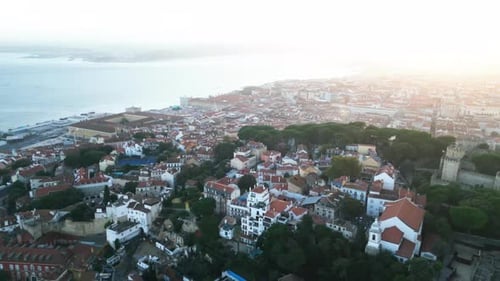Lisbon, Portugal Aerial drone view of St. George's Castle, Tagus River and rooftops. Lisbon city