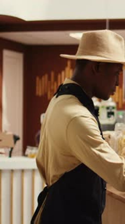 Vertical Video Local Farmer Arranging Eco Friendly Merchandise at Supermarket