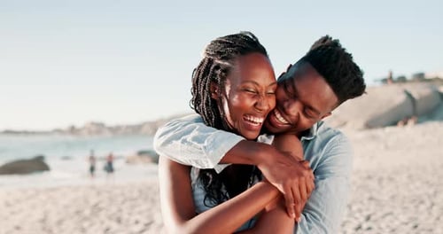 Couple, embrace and happy on beach with love for romance, affection or bonding on honeymoon