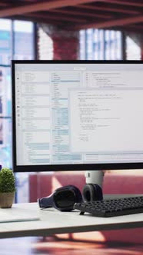 Vertical Video Empty Desktop Monitor Used for Software Development and Coding