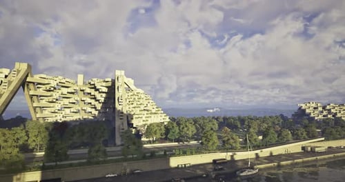 Arquitectura moderna a lo largo del pintoresco paseo marítimo con nubes vibrantes en lo alto