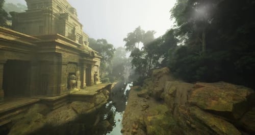 Eroded Religious Structure Adjacent to Reflective Water Body