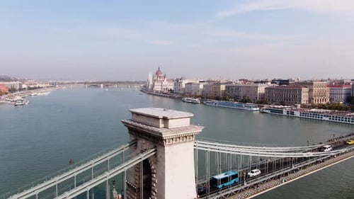 Aerial view of Pest side of river Danube in Budapest, Hungary.