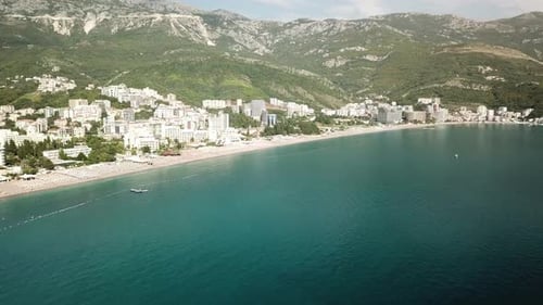 aerial panoramic view of Montenegro beach resort town in becici budva town with Adriatic Sea seascap