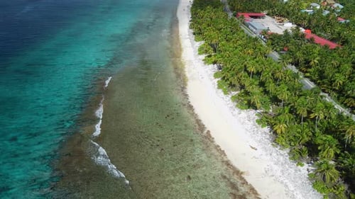 Tropical Coastline with Ocean Sandy Beach and Road in Fuvahmulah Island Aerial View
