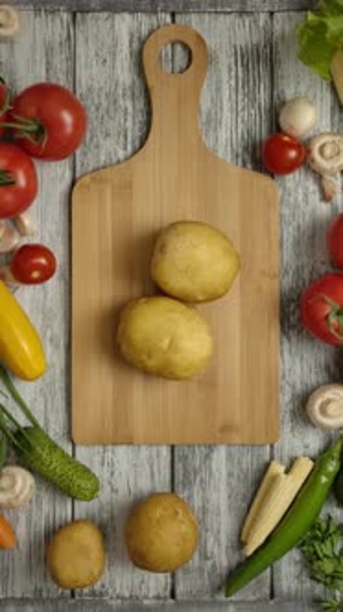 Vertical of Two Hands Take Turns Picking Potatoes From a Cutting Board