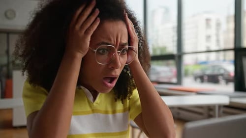 Stressed African American Student Girl with Laptop Holding Head Suffer with Study Problem Troubled