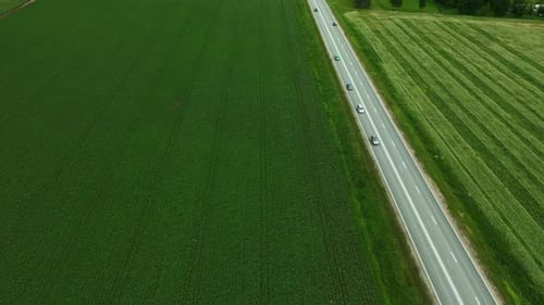 Driving Through Nature Car Travels on Asphalt Road Amidst Expansive Landscape