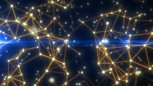 Linhas brilhantes abstratas de alta tecnologia em ouro amarelo com pontos e plexo