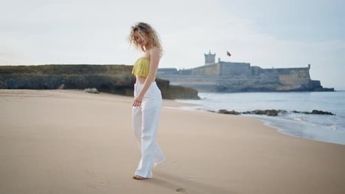 Romantic Girl Walking Seashore Summer Weekend Carefree Woman Strolling Beach