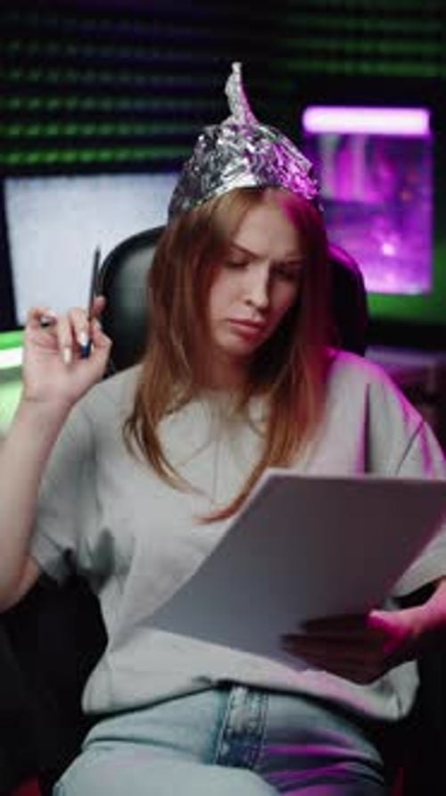Woman in Foil Hat Analyzing Papers Carefully