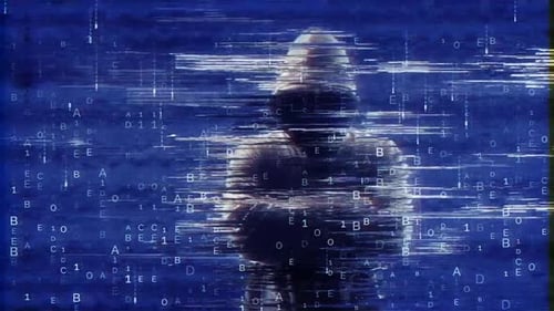 Hooded Hacker Glitch Effect with Streaming Digital Code Background