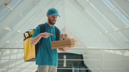 Portrait of Smiling Man Courier Delivery Standing With Pizza Boxes Coffee