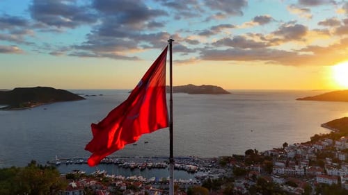 Coastal Town and Flag at Golden Hour