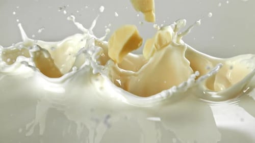 White Chocolate Chunks Splashing in Milk Close-up