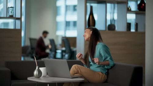 Overjoyed Worker Dancing Office Closeup