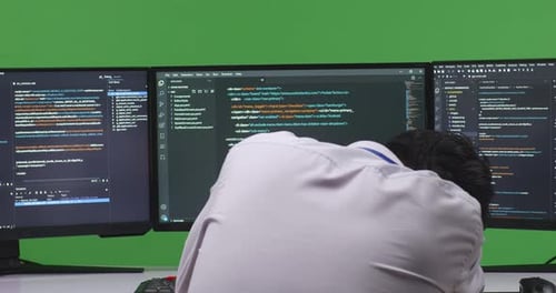 Tired Developer Yawning Before Sleeping While Write Code With Multiple ໍໍໍScreens In Green Screen