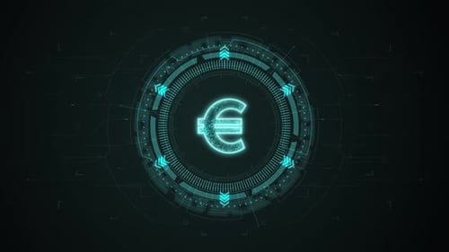Blue digital money logo with rotation HUD UI circle technology interface and futuristic elements