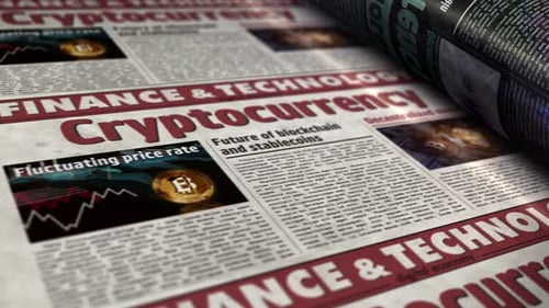 Scrolling Newspaper Displaying Cryptocurrency and Technology News