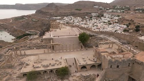 Acropolis of Lindos town and white houses in Rhodes island Greece