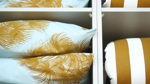 Pillows Neatly Arranged on Decorative Shelves