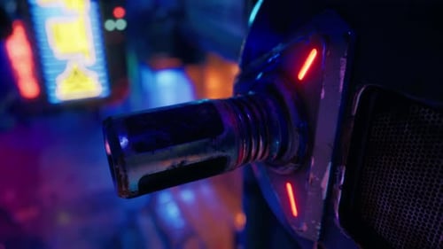 A Close Up of a Metal Object with Neon Lights in the Background