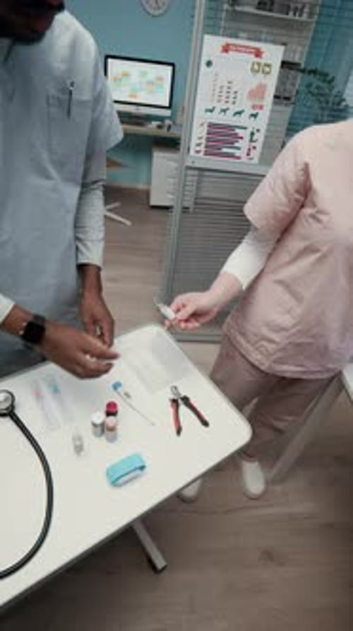 Diverse Vet and Nurse Preparing Tools for Checkup Appointment in Clinic