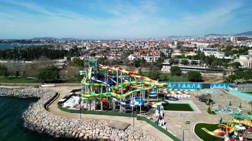 Istanbul Turkey circa 2023: Marina Aquapark, Coastal area, fly up shot