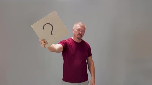 Question Mark Adult Man with Mustache Holding Cardboard Box