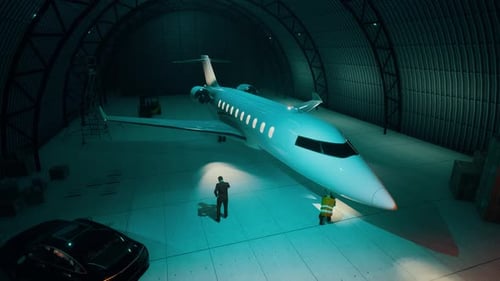 Luxury Private Jet Exiting Hangar Animation