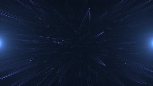 Abstract Network of Lines and Dots with Flying Flares and Glowing Signals Inside a Growing Network