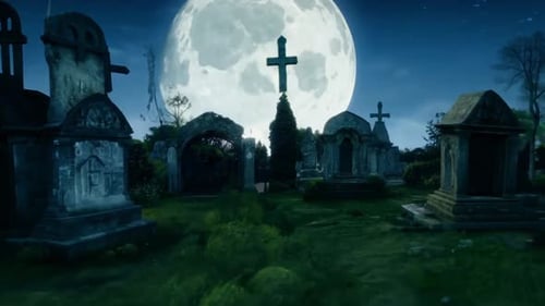Old Abandoned Cemetery Under A Full Moon