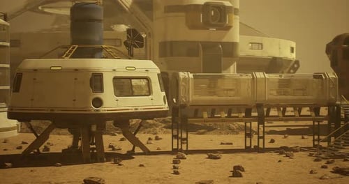 Martian Settlement Featuring Habitats and Advanced Technology on Rocky Terrain