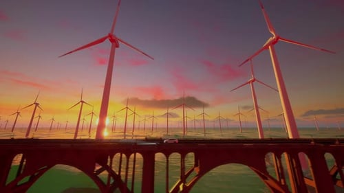 3D Render Of Generic Electric Car Drives On Highway With Wind Turbines At Sunset