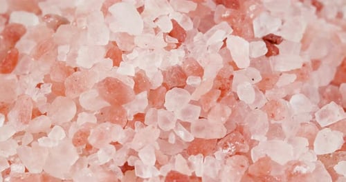 Himalayan Salt, Pink Himalayan Salt Crystals Close up. Pink Coarse Salt Crystals Macro Shot