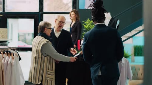 Store Employee Helping Senior People with Clothing Suggestions