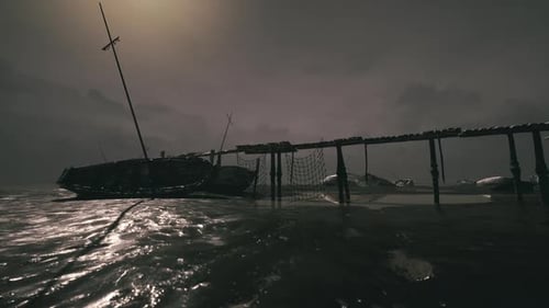 Fishing Boats Anchored in a Stormy Harbor at Dusk with Dark Clouds