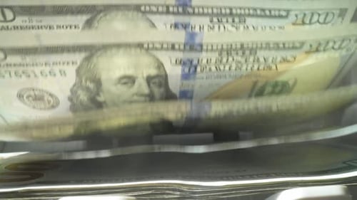 Bank Equipment Counting Dollar Paper Banknotes Close Up Macro of American Currency Bills Calculating