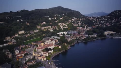 Aerial View of the Coastline on Lake Como in Italy Drone Shot of the Majestic City Nestled in the
