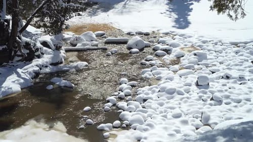 Frosty River Flowing Near Lower Falls In Gooseberry Falls State Park During Winter. Minnesota, USA.