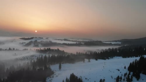 Aerial Drone View to Fog and Clouds Over Carpathian Mountains