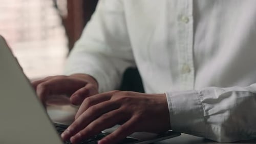 Close Up Focused Middleaged Caucasian Male Executive Man Entrepreneur Hands Typing Computer Laptop